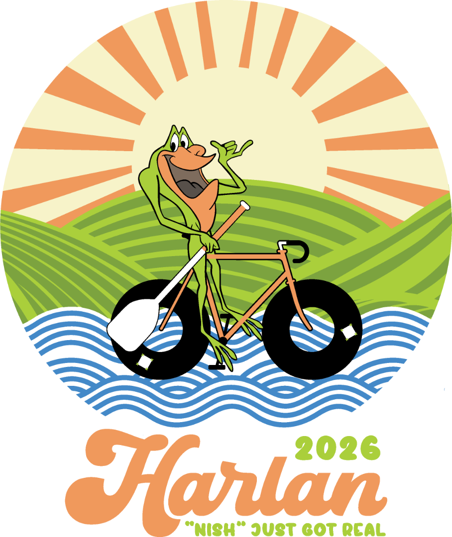 FROG RIDING A BIKE ON WATER WITH INNER TUBE WHEELS AND HOLDING AN OAR WITH A ROLLINGS HILLS AND SUNSET BAKCGROUND WITH TEXT THAT READS '2026 HARLAN "NISH" JUST GOT REAL'